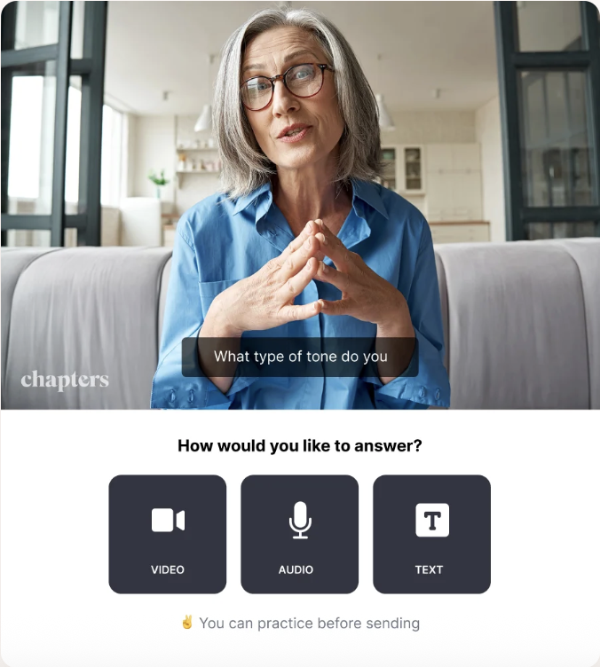 Chapters author interview screen with video, audio and text response options