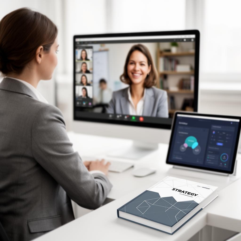 A consultant collaborating with a Chapters editor on a video call, with their published book and the Chapters app visible