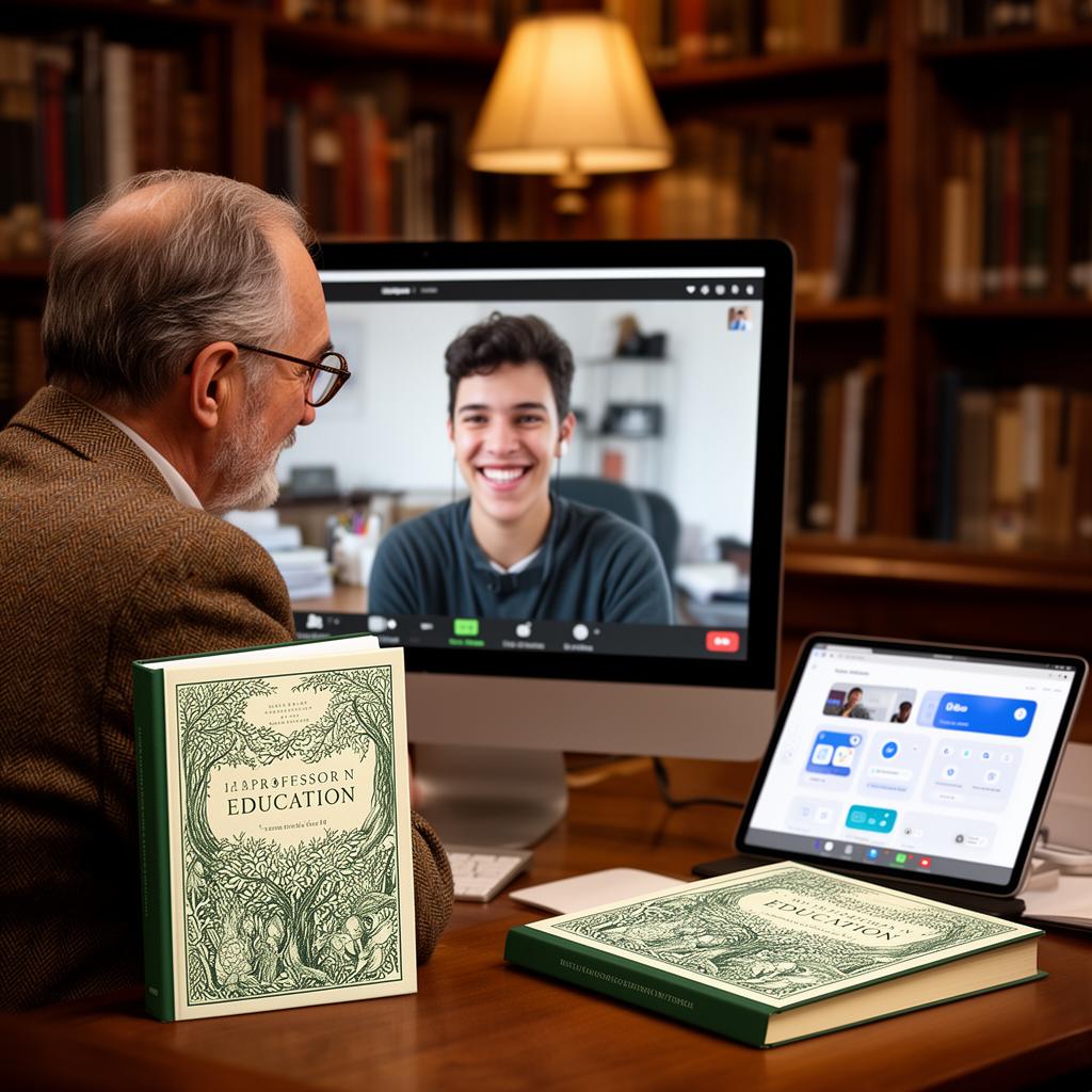 An educator collaborating with a Chapters editor on a video call, with their published book and the Chapters app visible