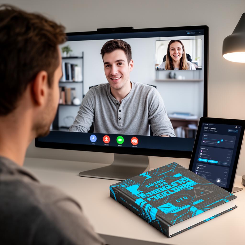 A tech leader collaborating with a Chapters editor on a video call, with their published book and the Chapters app visible