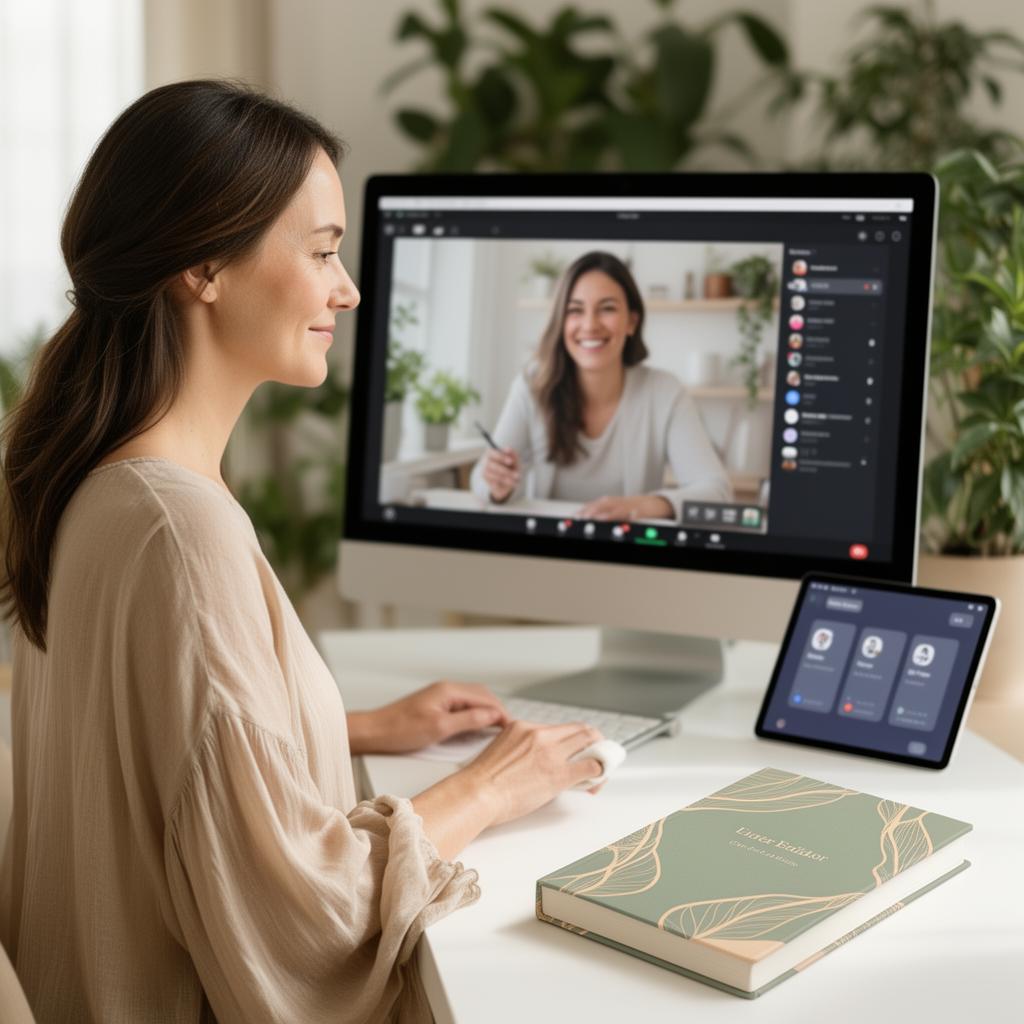 A wellness practitioner collaborating with a Chapters editor on a video call, with their published book and the Chapters app visible