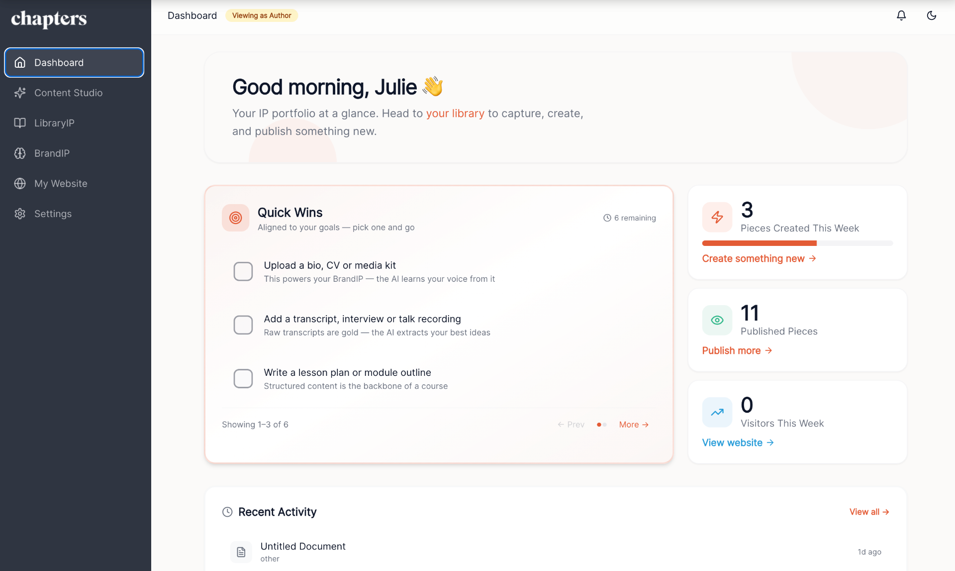 Chapters Living Library dashboard overview